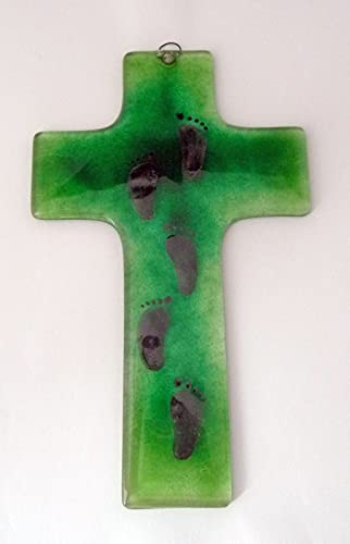 Glas-Kreuz mit Fußspuren grün ca. 20x12cm
