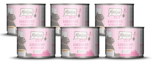 MjAMjAM - nourriture humide premium pour chats - dinde blanchie avec beaucoup de saumon en sauce, pack de 6 (6 x 185 g), sans céréales avec supplément de viande
