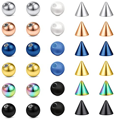 LAURITAMI 30pièces 14G Melange de Couleurs Boules de Piercing Remplacement Acier Inoxydable Clair Acrylique Parts for Industrial Barbell Mamelon Langue Bars Bijoux