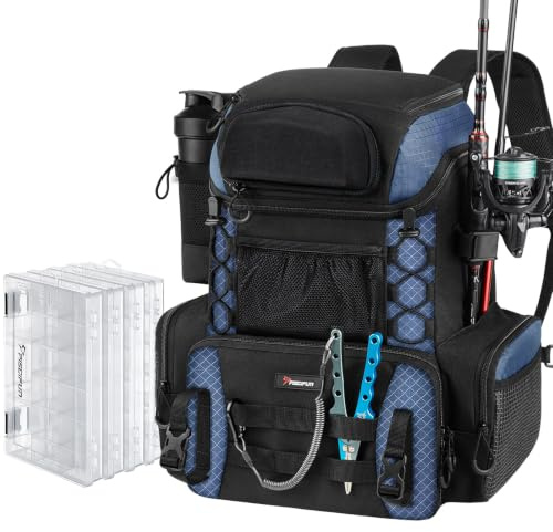 Piscifun Fishing Tackle Backpack with Rod Holders & 4 Tackle Boxes, Outdoor Fishing Bag with Waterproof Rain Cover Black