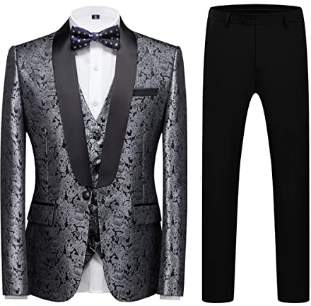 KUDORO Abito da Uomo 3 Pezzi Paisley Slim Fit Abito Abiti da Sposa Abito da Smoking Blazer Gilet Pantaloni(Argento,XL)