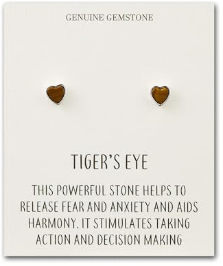 Philip Jones Tiger's Eye Heart Stud Earrings with Quote Card