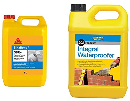 Sika SikaBond SBR+ Waterproof General Purpose Bonding Agent and Mortar Admixture, 5L & 202 Premium Integral Liquid Waterproofer Admixture, 5 Litre
