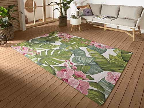 HANSE Home Tapis d'intérieur et d'extérieur Tropical - Tissage Plat - Design Palmier Floral - Certifié Öko-Tex - Résistant aux intempéries et aux UV - pour Balcon, terrasse, Jardin, Salon -