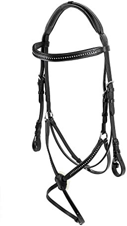 Start Trensenzaum mexikanisch – gepolstert, Leder, inkl. Zügel – mit Strass-Zierde für eleganten Look & Komfort - Zeus (Pony, Schwarz)