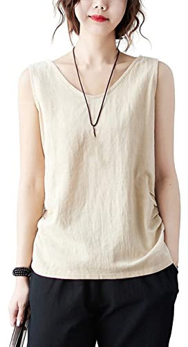 Damen Tank Top Sommer, Damenbluse Ärmellos Sommer Tanktops Rundhals Camisole Vintage Gelb Solide Baumwolle Leinen Seite Plissee Tunika Locker Lässig Sexy Weste Blusen Basis Tanktops T-Shirt,Beige,L