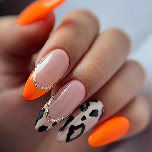 24 Stück Künstliche Nägel Mandel Mittel Falsche Nägel Französische Orange Rosa Kunstnägel Press on Nails mit Leopardenmuster Designs Acryl Fingernägel Nägel zum Aufkleben für Frauen und Mädchen
