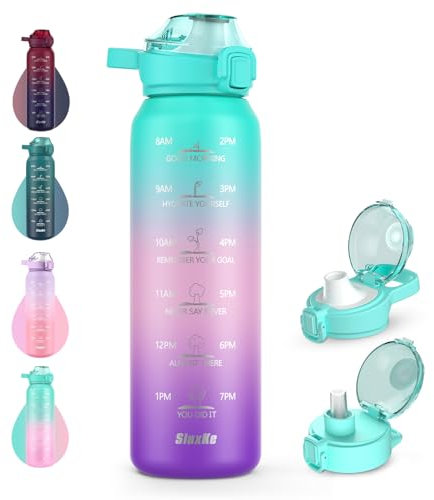 SLUXKE 1L Borraccia Termica con Cannuccia, 18/10 Acciaio Inox Boraccia 1000ml con Coperchio del beccuccio per Scuola, Sport, Campeggio, Yoga (Verde Rosa Viola)