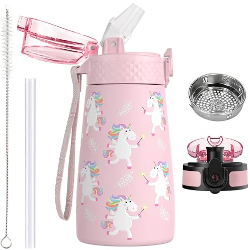 OLDLEY 350ml Kinder Edelstahl Wasserflasche mit Stroh für Schule mit 2 verschiedenen Deckeln, Metall Vakuum Isolierte Wasserflaschen für Jungen Mädchen Kleinkind Kinder Heiße kalte Getränke BPA frei