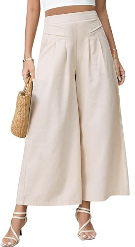 PASUDA Pantaloni Donna Pantaloni Estivi Effetto Lino 7/8 Pantalone Gamba Larga Leggeri Larghi Pantaloni Elastici in Vita con Tasche Tinta Unita Casual Pantaloni Donna Comodi (Beige, M)