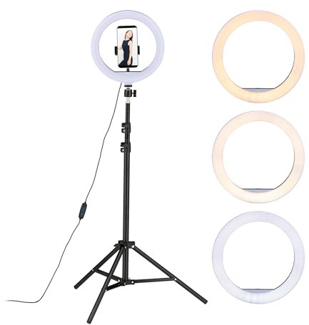 Relaxdays Anneau LED sur Pied, Lampe 10 réglable, créations artistiques, Photos, vidéos, Support Portable, Blanc - Noir