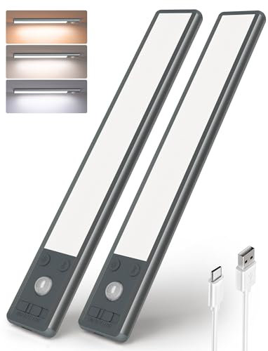 EZVALO Lampe Sous Meuble 25CM, 80 LED Rechargeable USB avec Détecteur de Mouvement, Lampe de Placard 1900mAh 3 Températures de Couleur, Éclairage Intérieur Sans Fil, Noir (2 Pièces)
