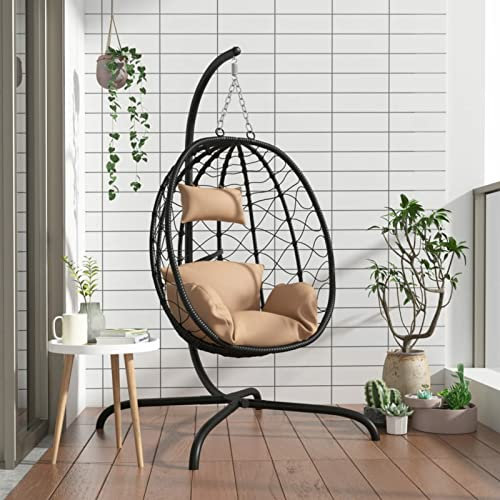 LAPOOH Hängesessel Ei mit Kissen, Garten Möbel, Hängesessel Outdoor, Jugendzimmer, Hängestuhl, Hanging Chair, Liebesschaukeln, Hängeschaukel Outdoor, Taupe Poly Rattan & Stahl
