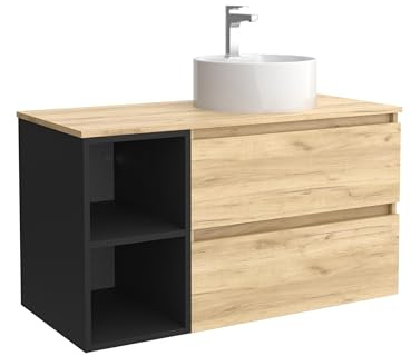 Salgar Mueble de Baño Bequia Plus 100 cm 2 cajones Roble y Coqueta 2 Huecos Negro Mate con Lavabo sobre encimera