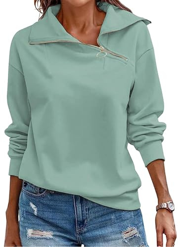 Cuptacc Ladies Sweatshirts Half Zip Long Sleeve Pullover V Neck Oversized Sweatshirt Women Casual Work Clothes Green, Small S 8-10