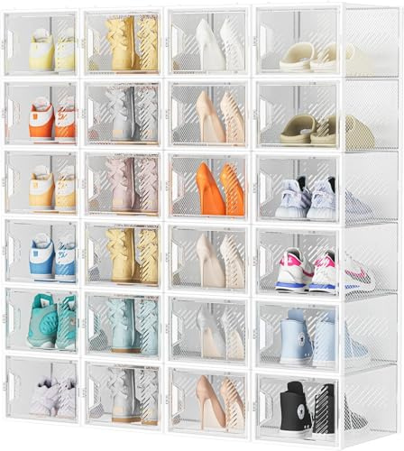 Shoe Storage Box, 24-Pack Clear Shoe Boxes Stackable Plastic, Fit UK 12 | Shoe Organiser with Magnetic Lid, Ventilation Holes and Aromatherapy Stick, Foldable, Space-Saving, For Women/Men, White