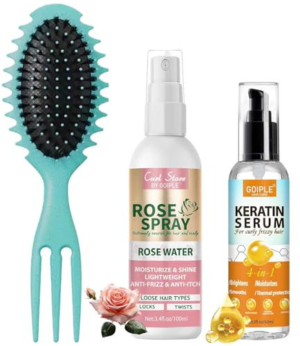 Keratin Protein Hair Serum Anti Frizz Control Repair Hair- Rose Water Spray for Hair Moisturize Anti-Frizz Hair Smooth Products Curly Hair Brush Curl Defining Brush for Shaping Hair Women Men(3PCS)