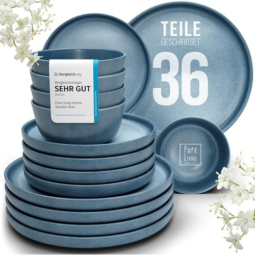 Geschirrset 12 Personen 36-tlg. - Steingut Geschirr matt Blau - Geschirrset Mikrowellen- Spülmaschinen- und Kratzfest, Teller Set - Geschirr Set Dinner Tafelservice in Blau