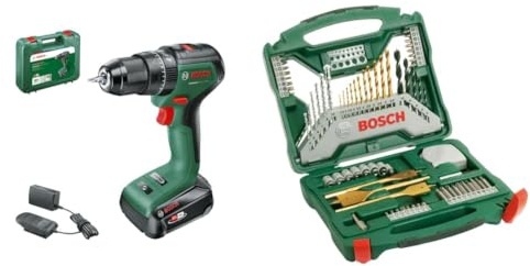 Bosch Home and Garden Cordless Combi Drill UniversalImpact 18 (1 battery, 18 Volt System, in carrying case) + 70-Pieces X-Line Titanium Drill and Screwdriver Bit Set (for Wood, Masonry and Metal)