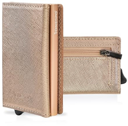 1ONESPO kartenetui damen, Saffiano-Gold, echtes Leder, Zeitgenössisch