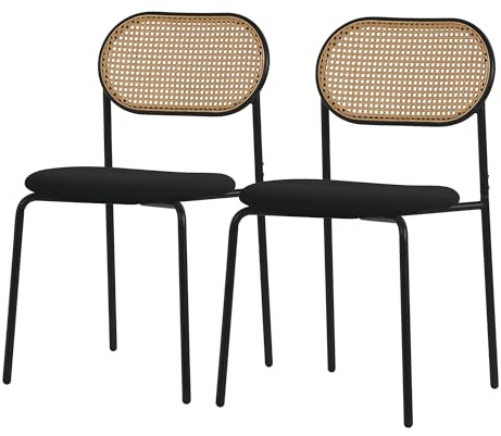 ML-Design Esszimmerstühle 2er Set, Schwarz, Küchenstuhl mit Rattan Rückenlehne, Gepolsterte Stühle mit gebogener Netzrücke, Rattanstuhl mit Metallbeinen, Polsterstühle Akzentstühle für Esszimmer Küche