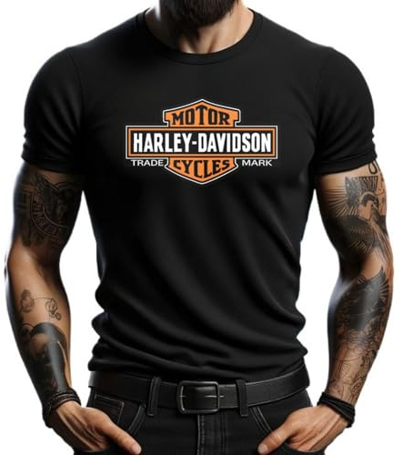 4people Camiseta Negra Harley con Logotipo Clásico en Naranja - Estilo Casual para Amantes del Motociclismo (FR/ES, Letras, XXL, Regular, Regular, Negro)