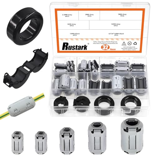 Rustark Clip-on Ring Core Kit anti-interférence, filtre haute fréquence, suppresseur, câble, clip pour câble de diamètre (5 tailles, gris)