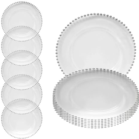 Elegant Silver 13-inch Clear Acrylic Charger Plates with Gold Beads - 12Pcs | Perfect for Weddings, Parties, and Home Dining, Decorative and Affordable Clear Charger Plates for Event Table Decor