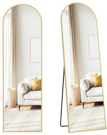 SONGMICS Full Length Mirror, 150 x 40 cm, Arched Full Body Mirror with Stand, Aluminium Alloy Frame Floor Mirror, Tempered Glass, for Bedroom, Living Room, Cloakroom, Pale Gold LFM035AB01
