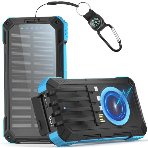 Solar Power Bank 56800mAh, 30W PD 3.0A USB C Powerbank Schnellladen mit 4 Kabeln, 3 Port (2 USB & 1 Type-c), 15W Wireless Charger, LED Leuchtanzeigen, Taschenlampe, Externe Handy-Akkus für Smartphone