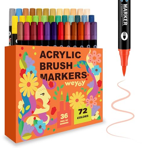 Weyöy. Rotuladores Acrílicos Doble Punta - 36 Marcadores acrílicos, 72 Colores, Acrylics markers para Piedras, Madera, Vidrio, Tela, Manualidades, Rotuladores para cristal punta pincel