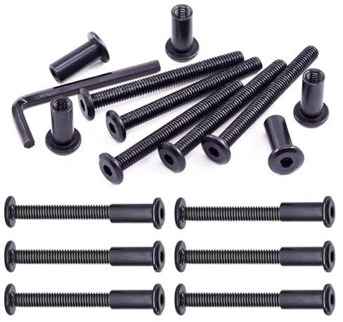 Swpeet 25 Piezas Juego Surtido de Tuercas de Barril y Perno de Cabeza Hueca Hexagonal M6x45mm de Acero al Carbón Negro, con 1 Llave Allen, Poste de Tornillo para Muebles, Hebillas de Cinturón, Unión d