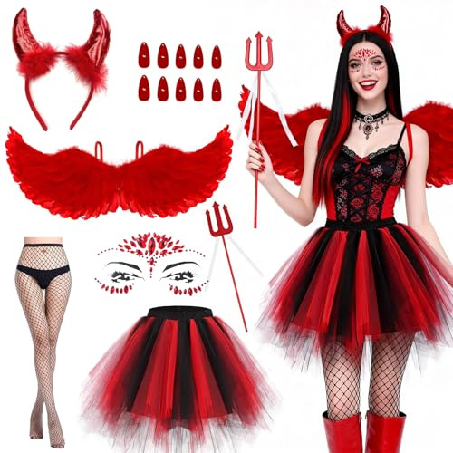 Engel Teufel Kostüm Damen Rot Set, 80CM Engelsflügel Rot Erwachsenes, 7 Stück teufel kostüm flügel rote flügel kostüm damen mit Tüllrock Teufelshörner Dreizack für Karneval Halloween Cosplay Fasching