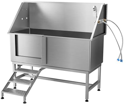 62 Dog Washing Station with Safe Access Stairs, 201 Stainless Steel Dog Grooming Tub for Large & Senior Dogs, Left-Door Entry, Leakproof, Easy-Clean, Stable Design for Home, Garage, Utility Room