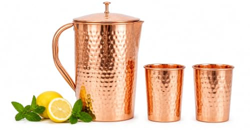 Hammered Copper Water Jug with Lid and 2 Copper Glasses Set | Pure Copper Pitcher for Water Storage & Serving | Traditional Handcrafted Copper Drinkware Set for Home, Kitchen & Dining