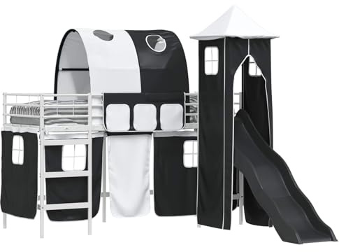 KKgypkn Letto a soppalco con scivolo e tende, 90 x 190 cm, struttura in metallo bianco e nero, 4 pezzi accessori da gioco, incluso materasso in schiuma multizona per cameretta dei bambini