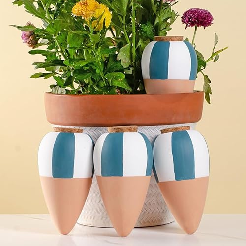 SilverChry Oyas a Planter Terre Cuite, Distributeur Eau Plante 4Pcs, Pointes Auto-arrosantes en Terre Cuite, Globes Arrosage Automatique Interieur pour Plante, Cônes d'argile (Bleu)