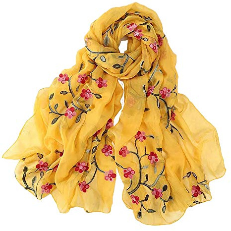 Pluto & Fox Fular De Mujer Bordado Con Flores Bufanda De Seda Diseño Retro Elegante Pañuelo cuello Estola (Amarillo, 75cm*175cm)