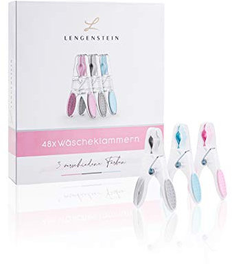Lengenstein® 48 Wäscheklammern aus Kunststoff 3 Pastellfarben blau rosa grau Premium Clothes Pegs Clothespin Wäscheklammer mit Soft Grip, angenehmer Griff und Starke Feder