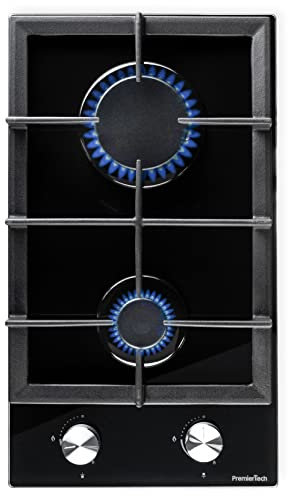 PremierTech Piano Cottura a Gas, 2 Fuochi, 30cm, Domino, in Vetro Nero, Supporto in Ghisa Professionale, predisposto Metano e Kit Ugelli GPL Inclusi, da Incasso, PC302G