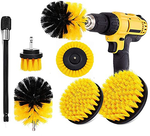 6-teiliges Bohrer-Reinigungsbürsten-Set mit verlängertem langem Original-Aufsatz, für Wanne, Dusche, Fliesen, Boden, Bad, Fugen, Sofa-Ecken und Küchenoberfläche (gelb)