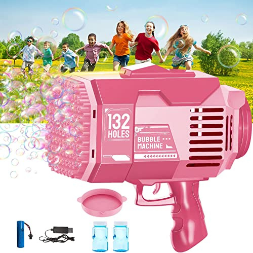 LAYPUNY Pistola Bolle Di Sapone, 132 Fori Spara Bolle Di Sapone Automatico 20000+Bolle/Minuto, Macchina Bolle Sapone Bambini, Regalo Per La Festa Compleanno matrimonio Giocattoli A Sparabolle - Rosa