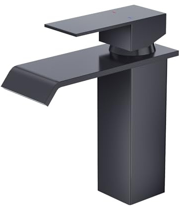 CREA Wasserhahn Bad Wasserfall, Waschtischarmatur mit Ablaufgarnitur | Mischbatterie Bad mit Wasserfall Auslauf, Hochdruck Armatur Waschbecken für Badezimmer, Modern Wascharmatur, Matt Schwarz