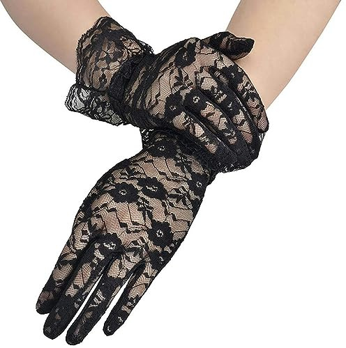 Women Vintage Sheer Short Lace Gloves Party Wrist Length Floral Gloves for Dinner Fancy Costume Accessories Gloves-25cm black
