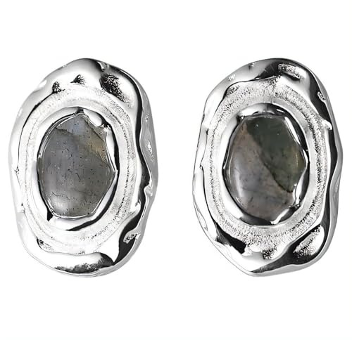 NicoWerk Damen Silber Ohrstecker Labradorit aus 925 Sterling Silber mit Stein Unregelmäßig Nacht Mond Schimmernd Edelstein Matt Edel SOS533