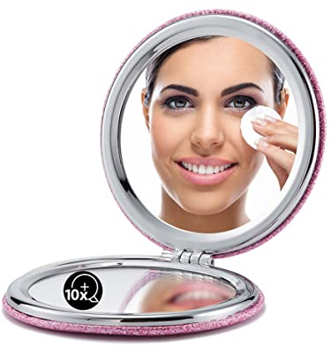 OMIRO Specchio compatto, classico in pelle PU 1X/10X ingrandimento, tascabile ultra portatile per borse e viaggi (Rosa)