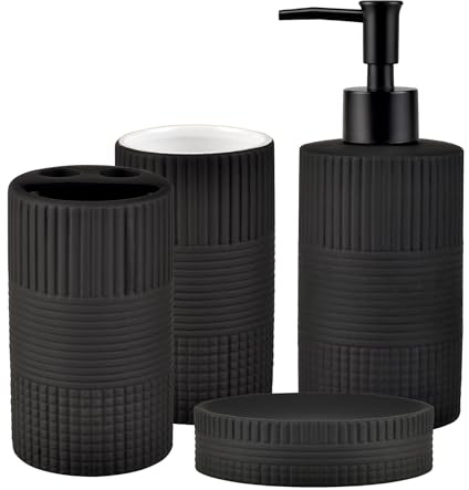 Badezimmerzubehör-Set mit Matter Prägung, komplett, EIN dezentes, luxuriöses Porzellan, 4-teilig, enthält Zahnputzbecher, Seifenschale, Becher und Spender, schwarz