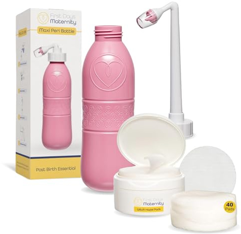 First Days Maternity Witch Hazel Pads - Round Postpartum Cotton Wipes - 8cm Diameter with 120gsm Thickness - Great After Birth Essentials for Mum (Pack of 1 Tub, 40 Pads with Pink Peri Bottle)