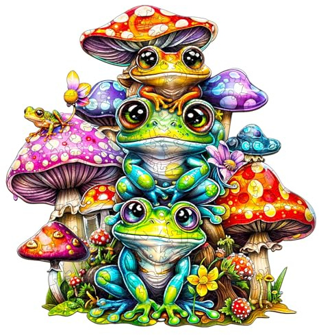 Jigfoxy Frog Family Wooden Jigsaw Puzzles for Adults, 260pcs Unique Animal Shape Wood Puzzles, Birthday Gifts for Family Friend with wooden box(13.3 * 12.8in)