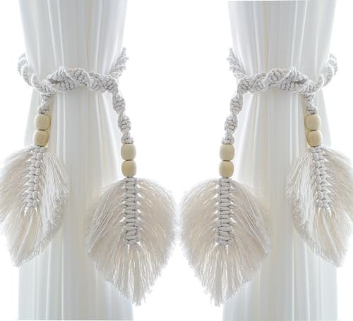 Vifoulal Vorhang Raffhalter, 2 Stück Raffhalter ​für Vorhänge Boho Baumwolle Makramee Gardinenhalter mit Holzperle, Vorhang Seil Schnallen für Haus, Büro, Wohnzimmer, Schlafzimmer Deko (Beige)